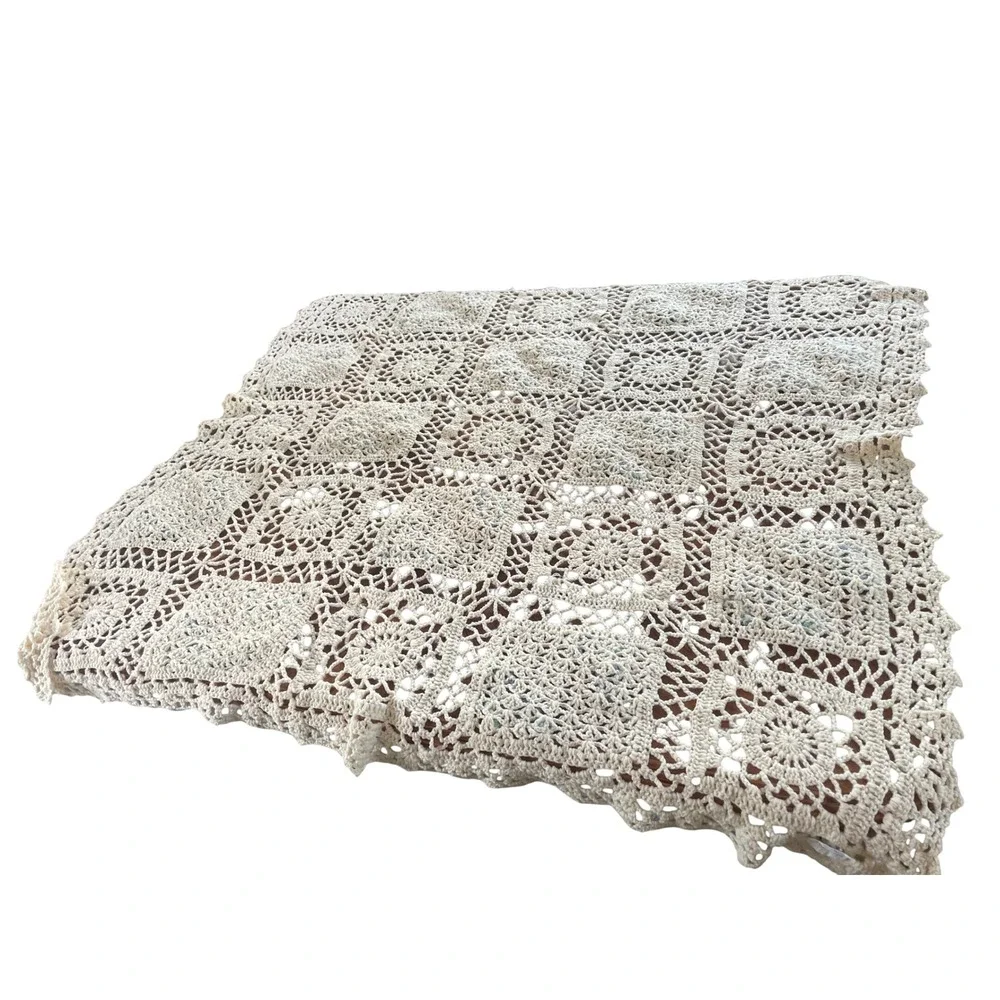 Vintage Style Crochet Throw Blanket 51x48 Cream Blue 3D Floral Pearl Accents